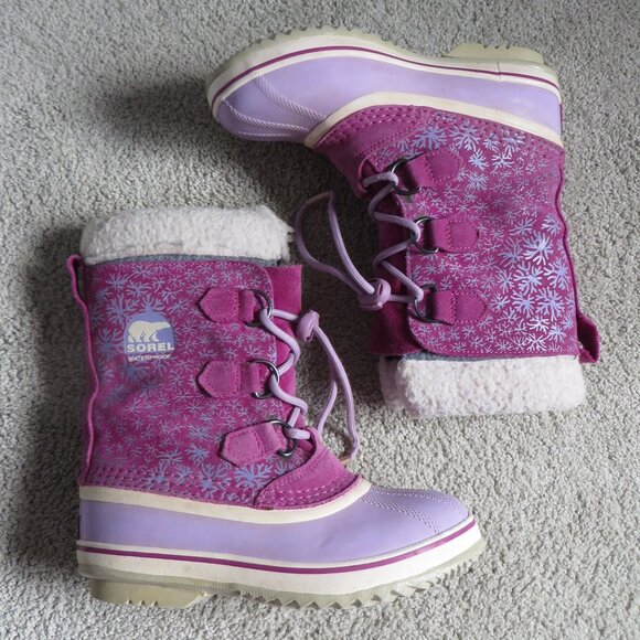 Sorel Little Girl Waterproof Winter Snow Boots Size 3 Purple Snowflake - Picture 1 of 9